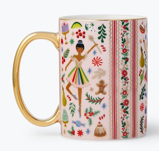 Pink porcelain mug with gold handle featuring Nutcracker ballerina and holiday motifs