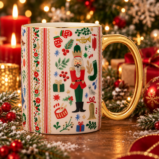 White porcelain mug with gold handle featuring festive nutcracker and holiday icons