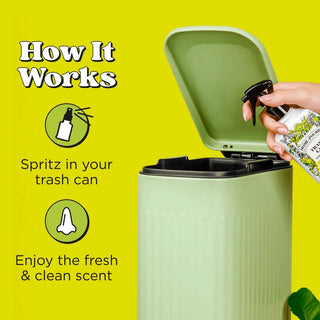 Home-Pourri Lime Zest Matcha trash spray bottle spraying into green ribbed can with How It Works icons