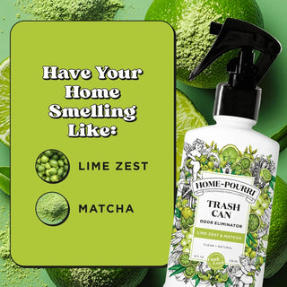 Close-up of Home-Pourri label showing lime zest granules and matcha powder ingredients for trash odor elimination