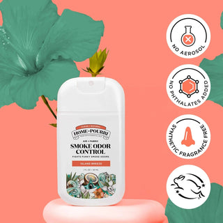 Home-Pourri Island Breeze clean natural smoke odor control spray bottle with no aerosol phthalates badge icons