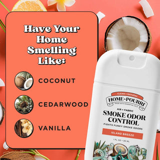 Home-Pourri Island Breeze air fabric smoke odor control spray with coconut pinecone vanilla scent icons