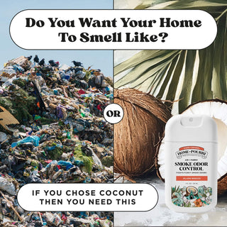 Home-Pourri Island Breeze coconut scent spray bottle next to cracked coconut for natural fragrance reference