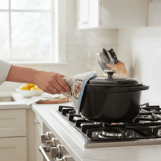 Hand using Home Sweet Home potholder to hold hot pot