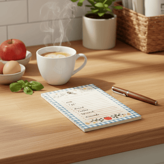 Home Sweet Home Notepad on kitchen counter with pen and grocery list