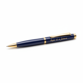 Navy blue Hope & Future pen with gold accents on white background