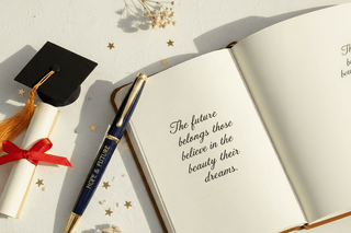 Flat lay of Hope & Future pen with graduation cap and diploma