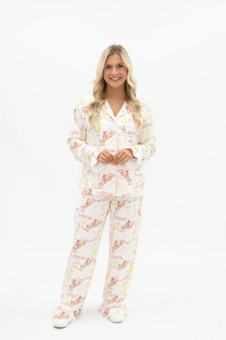 Light pink long sleeve button-up pajama set with western horse and cactus print