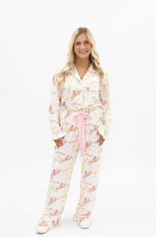 White long sleeve button-up pajama set with pink horse and cactus print