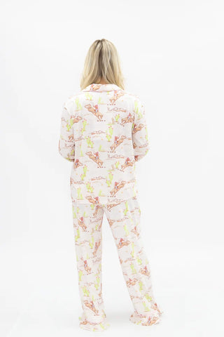 Women's white long sleeve button-up pajama set with western horse and cactus print