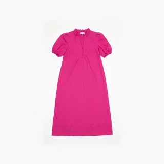Hot pink women's dress with ruffled V-neck, button front, puffed sleeves and pockets
