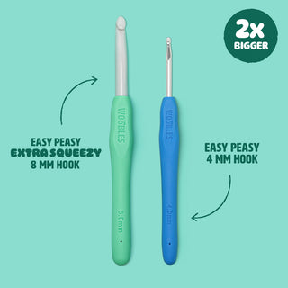 Woobles Easy Peasy Extra Squeezy 8mm green crochet hook compared to standard 4mm blue hook