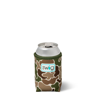 Swig Hunting Camo neoprene can coolie holding an open aluminum beverage can