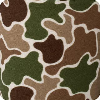 Close-up detail of hunting camouflage pattern with green, brown, and tan colors on can coolie fabric.