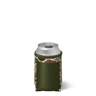 Swig Hunting Camo Can Coolie with olive green pocket panel holding a standard beverage can