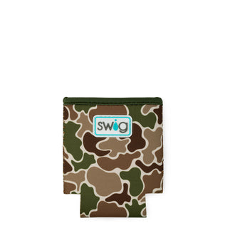 Swig brand can coolie in hunting camo pattern with green, brown, and tan colors