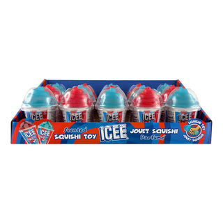 Box of ICEE squishy toys with blue and red colors 