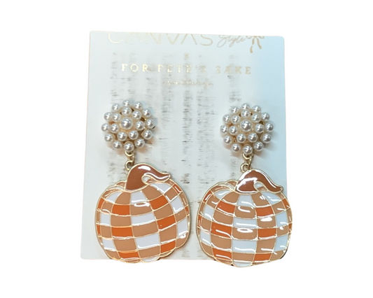 Gingham Pumpkin Earrings in Orange and White
