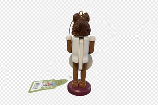 Texas A&M nutcracker ornament back view, white coat, brown hair, maroon base