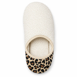 Cozy slip-on slipper with cream sherpa top and leopard print heel