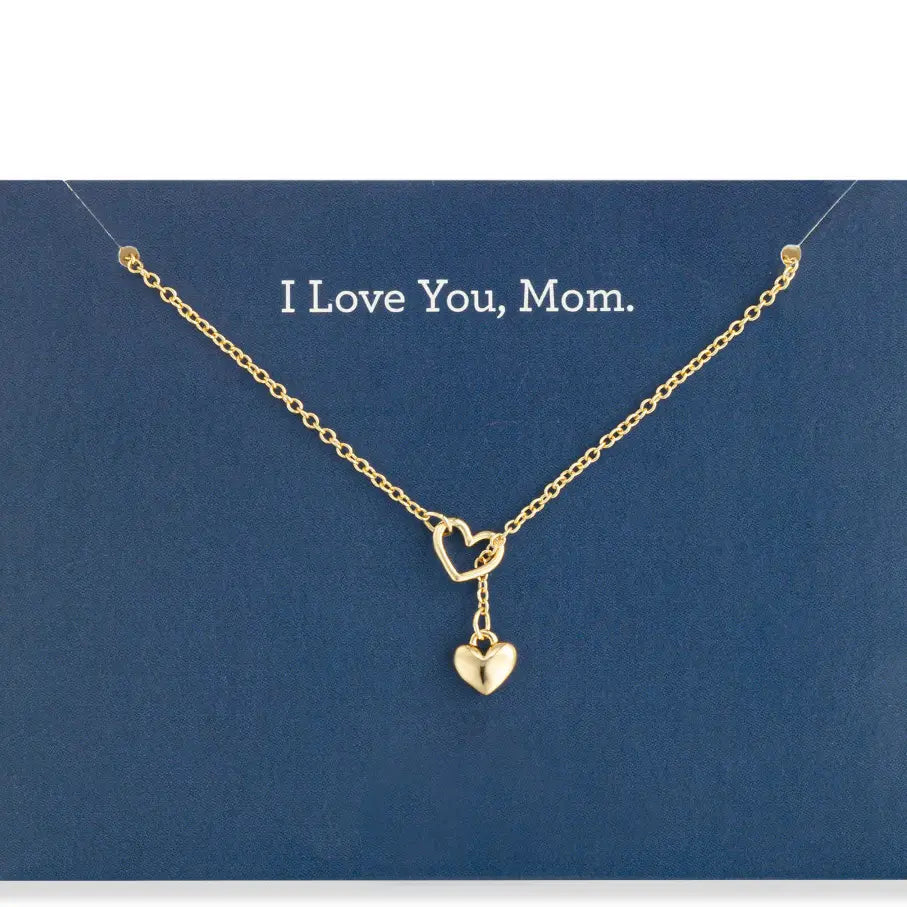 Gold necklace with heart pendants on a blue card with 'I Love You, Mom.' text