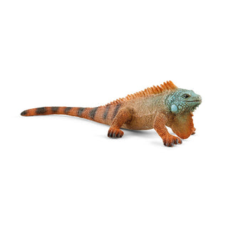 Schleich iguana figurine with orange body, teal head, and dark striped tail