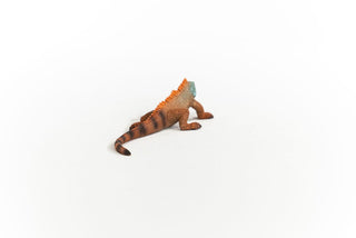 Schleich iguana toy figure shown from behind on white background, orange and teal coloring