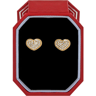 Brighton gold pavé crystal heart stud earrings displayed in red octagonal gift box