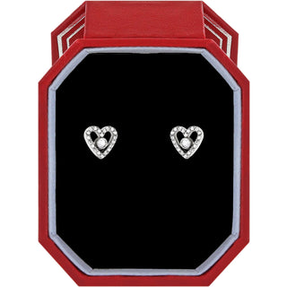 Brighton Illumina Love silver crystal heart stud earrings displayed in red gift box
