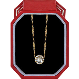 Brighton Illumina Solitaire Necklace in gold with crystal pendant displayed in red gift box