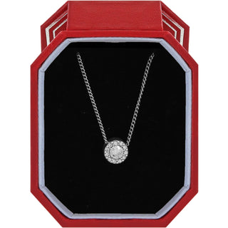 Brighton Illumina Solitaire necklace with crystal halo pendant displayed in red octagonal gift box