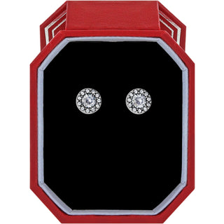 Brighton Illumina Solitaire Post Earrings displayed in red octagonal gift box with black velvet interior