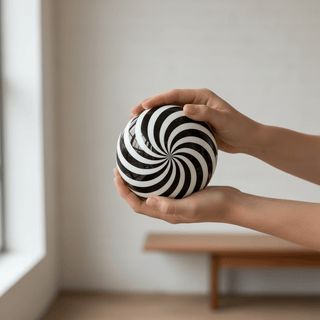 Illusion ball held in hands showing size and mesmerizing optical pattern