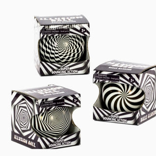 Three boxes of Illusion balls with black and white hypnotic patterns 