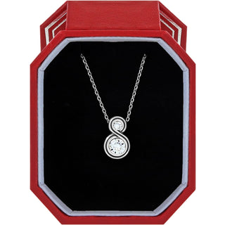 Brighton Infinity Sparkle Petite Necklace displayed in red octagonal gift box with black velvet interior