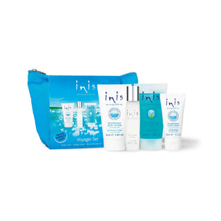 Inis Voyager Gift Set with travel bag, body lotion, cologne spray, shower gel, and hand cream