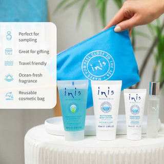Inis Voyager Gift Set with shower gel, body lotion, hand cream, and fragrance in blue cosmetic bag