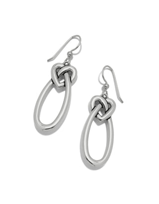 Brighton Interlok silver linked hearts drop earrings with French wire hooks on white background