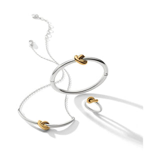 Coordinated Brighton jewelry set featuring silver gold knot bangle necklace and ring