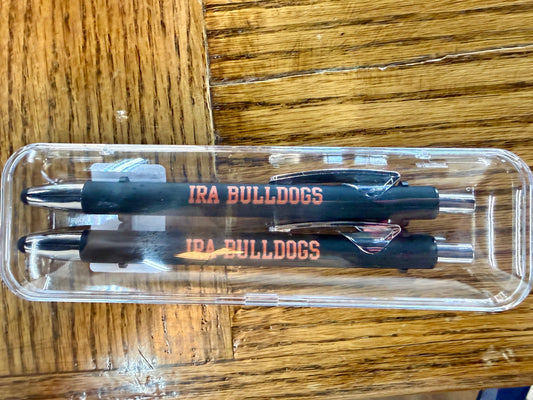 black pens with orange text in a plastic case