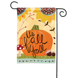 It's Fall Y'all garden flag featuring pumpkin, mushroom, sunflower, and acorns on decorative stand