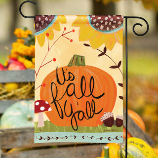 It's Fall Y'all garden flag featuring orange pumpkin, mushrooms, acorns, and sunflowers on cream background