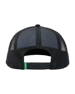 Back view of We Are Enough black mesh trucker hat with snapback closure and green label