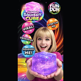 close-up of girl holding large purple galaxy patterned squishy cube showing size and texture