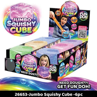 retail display box of six Fun Doh Jumbo Squishy Cubes with age recommendation and QR code