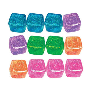 assorted glitter jumbo squishy cubes in teal blue purple green orange pink and coral on white