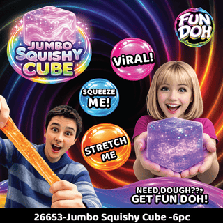 purple galaxy squishy cube with star speckles held by child against neon cosmic background