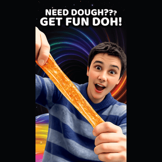 boy stretching thick orange glittery dough strand horizontally to show elasticity and sparkle