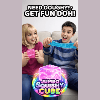 children playing with pink glitter cube and stretching blue dough strand on gray couch