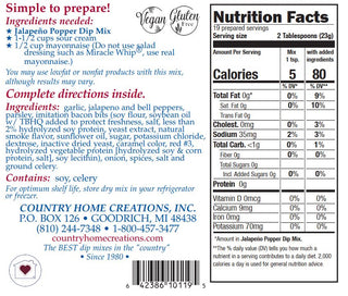 Country Home Creations Jalapeno Popper Dip Mix package label showing ingredients and nutrition facts